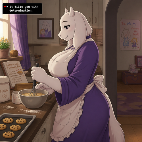  Toriel. Has Big breasts. Wears an apron. Love baking goods. At home. Well-made animated version. A single mother. Side view.