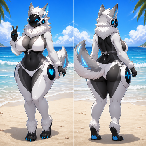 A Big busty female Protogen with a fluffy neck at the beach (well-made) in the animated version. Front/back view.