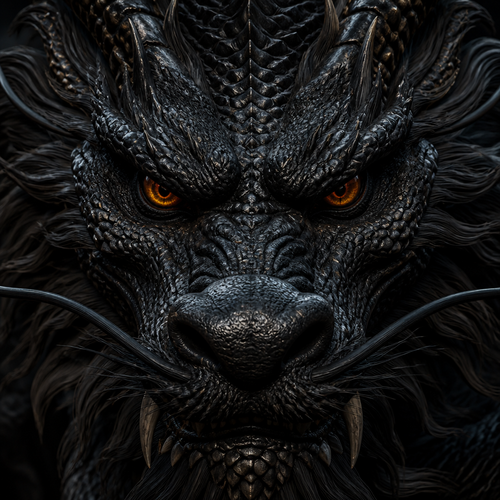chinese dragon.face close-up.black sausage sack