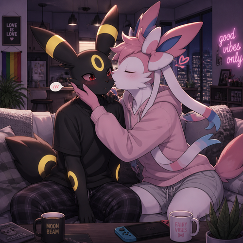 In an anthropomorphic universe, both young male adults couples living together in a modern apartment. Gay marriage. Animated verse. A shy Umbreon getting smooched by a gorgeous Sylveon that wears something comfortable.