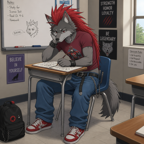 A middle school aged male grey wolf wearing blue jeans with an unbuckled belt, tight maroon shirt with a superhero in it, red sneakers, and a red Mohawk hairstyle with the hair in the back going to the small of his back. He is sitting at a desk bored doodling in his notebook. Anime art style, full body.