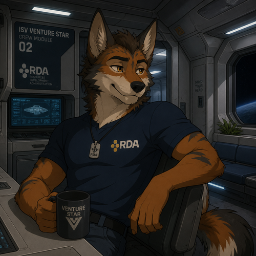 A male anthropomorphic fox wolf hybrid inside the crew module of the ISV Venture Star from the Avatar franchise, animated version 
