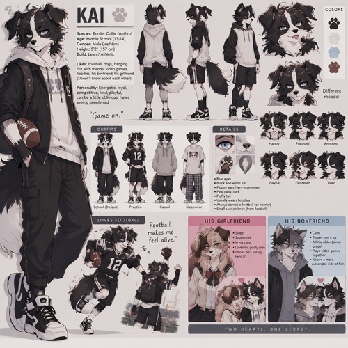 A middle school aged male anthropomorphic border collie. He loves playing football. Has a boyfriend and a girlfriend who doesn’t know about each other. Anime art style, reference sheet.