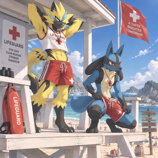 Male Zeraora wearing a lifeguard uniform. Standing on top of a lifeguard tower at a beach stretching letting a bit of abs show. Next to him is a male Lucario squatting stretching the trunks of his lifeguard uniform. Anime art style, full body.