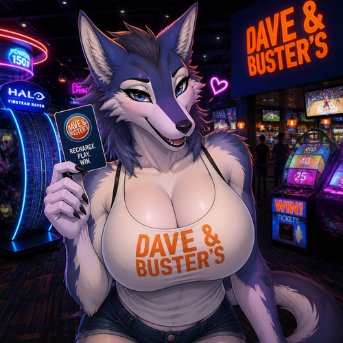 A well-made busty female adult Sergal is inside the Dave’s and Busters arcade in a mall, and having a good time. Animated version. Wears a visible tank-top. Flirty and soft. Front view.