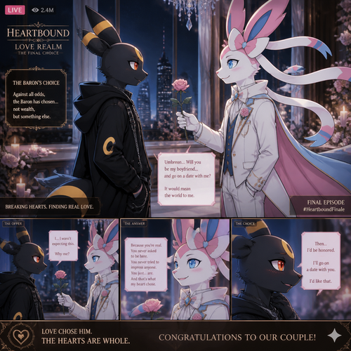 In a dating reality show on live (a well-made animated version) a non-rich half gothic grown Umbreon male is surprisingly unbelievably been accepted to become a boyfriend to this super rich kind grown Sylveon male (the Barron) for not understanding why that doesn’t mind to lose and leave. In an anthropomorphic Pokemon universe. Never asks and want to be there but been gifted. A good ending. Side view. All well-made characters. A modern present day. Been asked on a date. Decides wisely to accept or reject.
