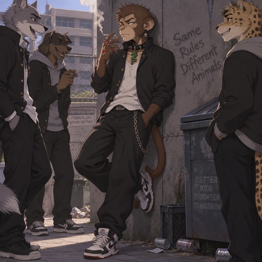 A high school aged male monkey with a tail wearing a stereotypical American delinquent outfit with obsidian skull earrings, ruby rings on all fingers on his right hand, and an emerald dragon pendant on a tight spiked collar. He is behind the high school leaning against the wall smoking with friends. Anime art style, full body.