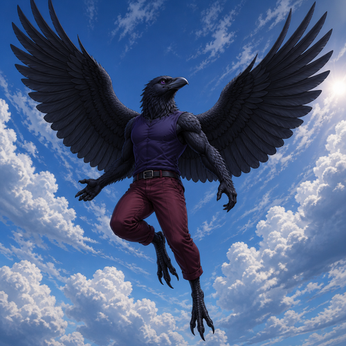 Anthropomorphic Raven wearing dark crimson pants and dark violet sleeveless shirt. Wings spread out wide behind him as he is flying up in the sky. Solo full body