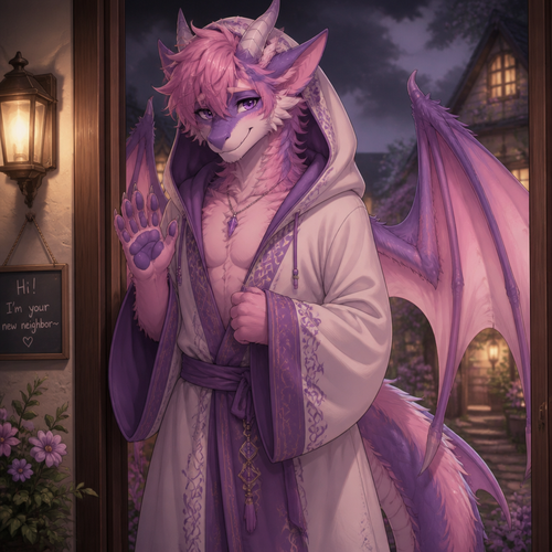 A friendly shy immortal alike femboy grown male character (well-made) anthro lung Dragon with pink & purple fur that wears a robe with a hoodie who came to say hi as a friendly neighbor.