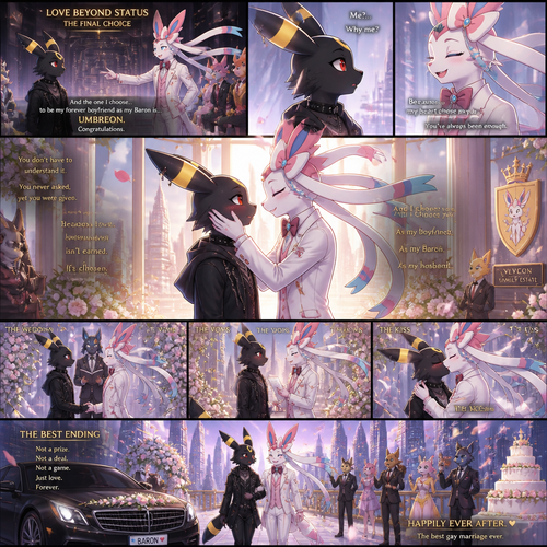 In a dating reality show (a well-made animated version) a non-rich half gothic grown Umbreon male is surprisingly unbelievably been accepted to become a boyfriend to this super rich grown Sylveon male as a Barron for not understanding why and doesn’t mind to lose. In an anthropomorphic universe. Never asks but been gifted. A good ending. Side view. A modern present day. Best gay marriage ever.