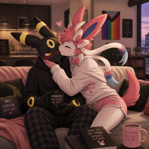 In an anthropomorphic universe, both young male adults couples living together in a modern apartment. Gay marriage. Animated verse. A shy Umbreon getting smooched by a gorgeous Sylveon that wears something comfortable.