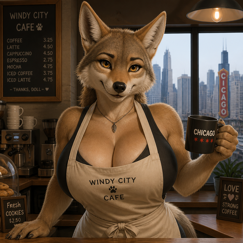 A busty grown female coyote that wears a apron and works at the cafe. Very well-made version. In a modern life. Lives in Chicago. Friendly and flirty. Front view.