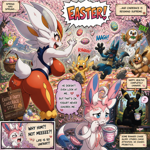 A busty well-made fluffy female Pokemon character, Cinderace. Who celebrates on today’s Easter Day and shouts, EASTER! And wrecking up a place like a crazy party gal while she knocked other terrified Pokemon by throwing eggs at them but A cute but creepy but a gay male Sylveon just as sad and irritating about being ignored by a male Umbreon while eating a healthy yogurt distracted and appreciated. All well-made characters. A dramatic and a funny comedy show. A comic views. Spring season. Side/back view.