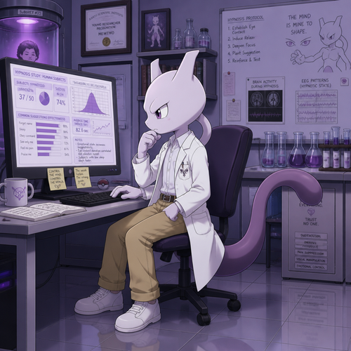 A elementary school aged male Mewtwo wearing tan khaki pants, white button up shirt, and a lab coat. He is sitting at his computer in his laboratory looking at the data he has collected on hypnotizing humans. Anime art style, solo, full body.
