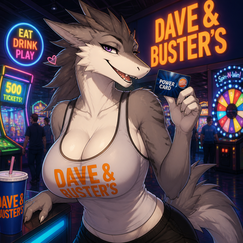 A well-made busty female adult Sergal is inside the Dave’s and Busters arcade in a mall, and having a good time. Animated version. Wears a tank-top. Flirty and soft.