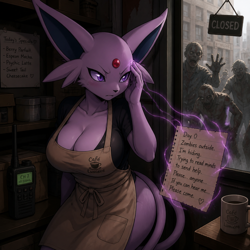 A well-made busty grown female character, Espeon. Who works at a cafe and wears an apron. Hides somewhere because being scared of zombies outside. Animated universe. Tries her best to read minds and send help despite on today’s day zero.
