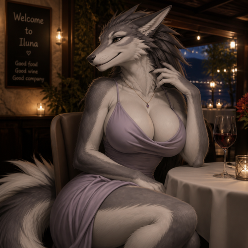 A well-made busty adult female Sergal that wears something comfortable as a dress while she’s on a date.