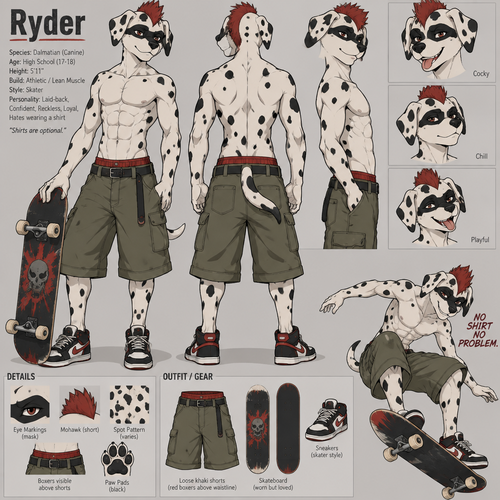 A high school aged male Dalmatian with a mask like spot over both eyes wearing loose green khaki shorts with red boxers being seen above the waistline of the shorts, shirtless showing off a 16 pack of abs, and a short red mohawk. He is a skateboarder that doesn’t like wearing a shirt if he doesn’t have to. Anime art style, reference sheet.