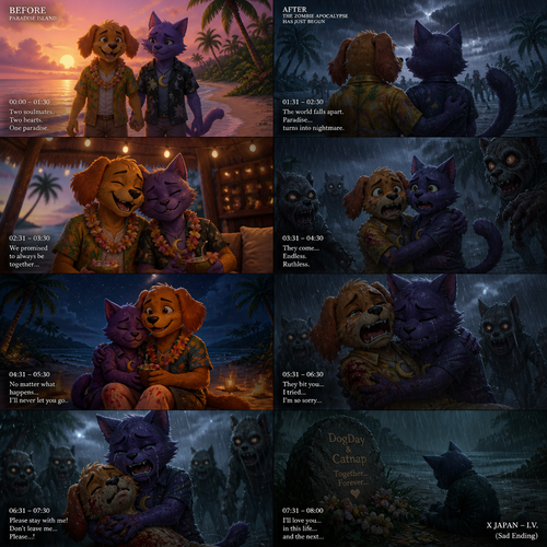 In this anthro critter verse, two soulmates; DogDay (the happiest doggo) and his boyfriend Catnap (the sweet heart) both on vacation while still in love with each other on a paradise island before, but then after the zombie apocalypse just started not long ago in a rain. Well-made animation version. Gay. A sad ending. The song; X Japan, I.V. 