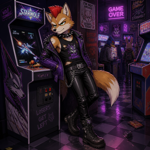 A high school aged delinquent Fox McCloud wearing tight leather pants, a black ripped sleeveless shirt, a spike collar, a purple Wolf O’Donnell themed leather jacket, black combat boots, and a red spiked mohawk. He is skipping school playing games at an arcade. Anime art style, full body.