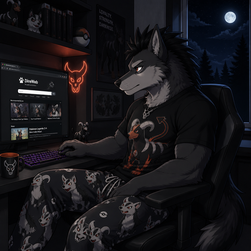 A male dire wolf wearing mightyena theme pajama pants and houndoom theme shirt, has a mohawk hairstyle. Sitting at a computer desk browsing the web. Next to the desk built into the wall is a window showing its nighttime outside. Anime art style.