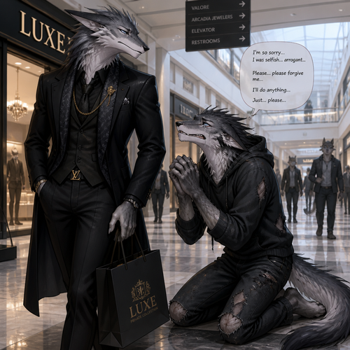 An arrogant billionaire male Sergal who came to see and apologizing for the things he did/said to his ex-boyfriend another male Sergal who’s not rich enough but better yet unhappy mood and begging for forgiveness at the mall.