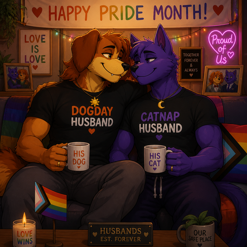 A anthropomorphic smiling critters verse. Both anthro DogDay and Catnap are both boyfriends living together and married. Sits together on a sofa. Today’s pride month. Both grownups. Animated art version. Looking at each other in wholesome. Yaoi.