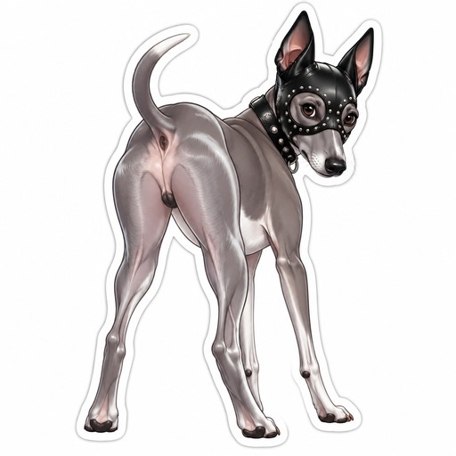 A grey whippet with a leather studded mask with pointy ears. The pup is showing its behind.