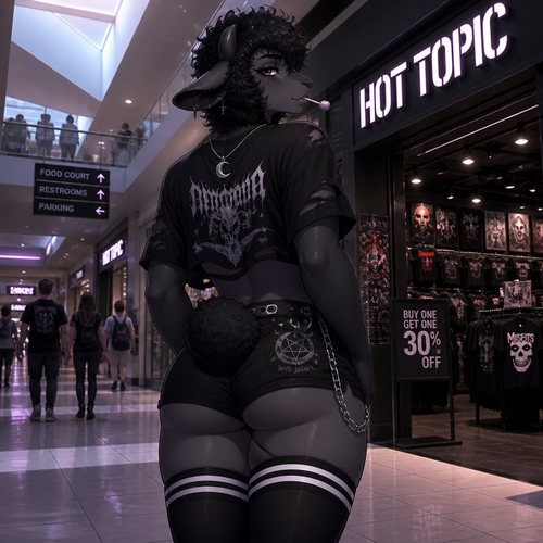 A grownup homosexual femboy anthro Black Sheep male, wears moon pendant necklace and an eyeliner, wearing some short clothes from Hot Topic, stick a lollipop on mouth, and has thick thigh highs. At the city’s mall. Well-made animated version. Back/rear view. 