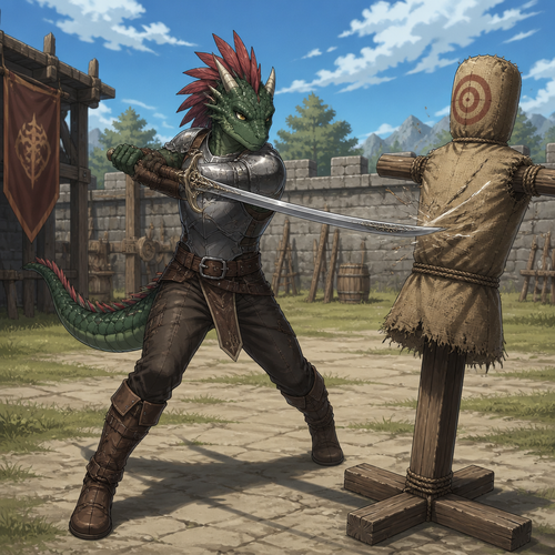 A young male dark green Argonian wearing a metal chest plate, hide pants, leather adventuring boots, two spike horns coming out of both sides of his forehead, and red feathers coming out the top and back of his head. He is attacking a practice dummy with a elegantly designed sword. Anime art style, solo, full body.