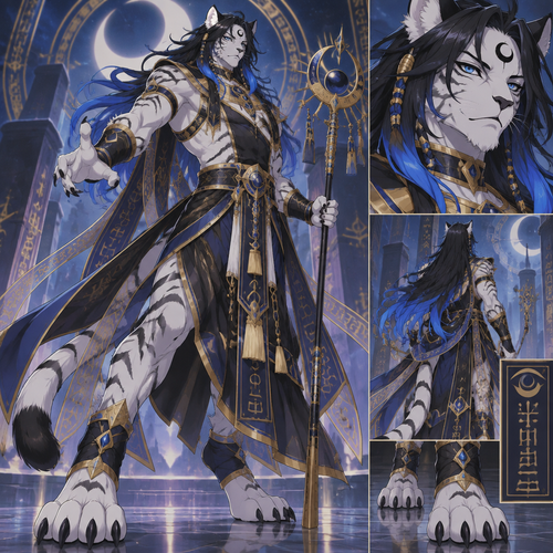 male, anthro, white tiger, long black hair with bright blue tips, black crescent on forehead, blue eyes, digitigrade footpaws, yugioh mythical beast jackal king style