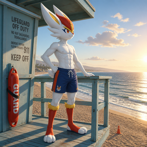 A twink Cinderace standing on the lifeguard tower looking out along the ocean. Wearing swim trunks and not shirt. Full body.