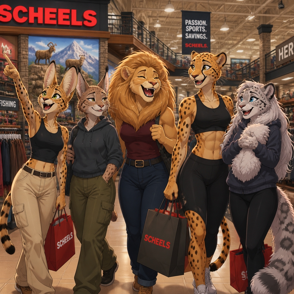 A female anthropomorphic serval with big ears, a female anthropomorphic lynx with a flat chest, a female anthropomorphic lion with a big mane, a tall anthropomorphic female cheetah with good muscles, and a female anthropomorphic snow leopard with a fluffy pelt shopping together and having fun in Sheels, animated version