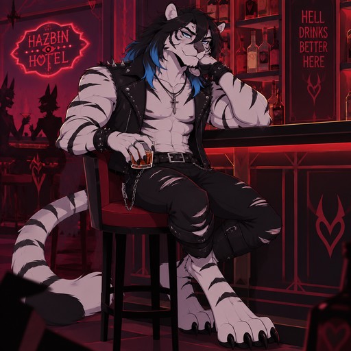 Anthropomorphic striped cat in gothic attire sits at a bar in a red-lit hotel.
