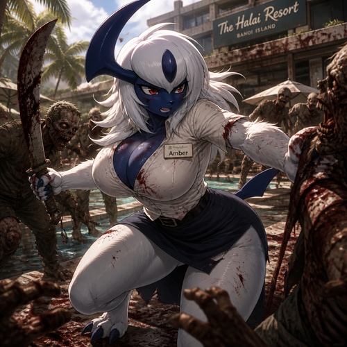 An busty anthro female Absol, in the universe of Dead Island, fighting for her life around zombies, works at the hotel but now a survivor, and fearless. Animated version. Name Amber while wears a name tag.