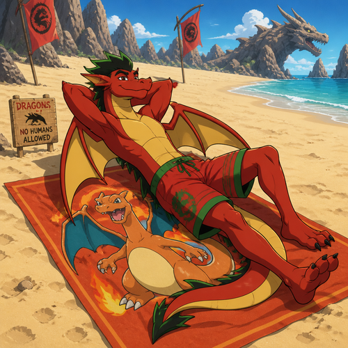 Jake Long from American Dragon Jake Long in his dragon form wearing loose red and green swim trunks. He is laying on a Charizard themed beach towel on a dragon only beach. Anime art style, solo, full body.