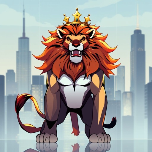 Lion with a crown on head standing on hind legs with the city in the backround