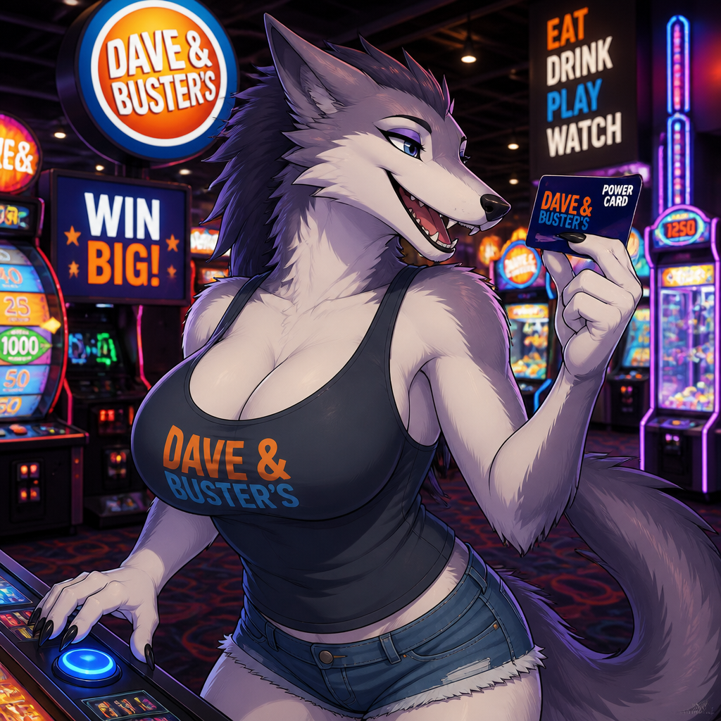 A well-made busty female adult Sergal is inside the Dave’s and Busters arcade in a mall, and having a good time. Animated version. Wears a tank-top.