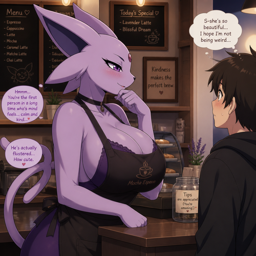 A well-made busty grown mature female Espeon that wears an apron who works at the coffee place who finally finds a nice person with empathy who likes her nervously and a virgin while she’s been in a bad mood long enough of reading minds silently. In an animated verse. Side view. Having a flirty feeling.