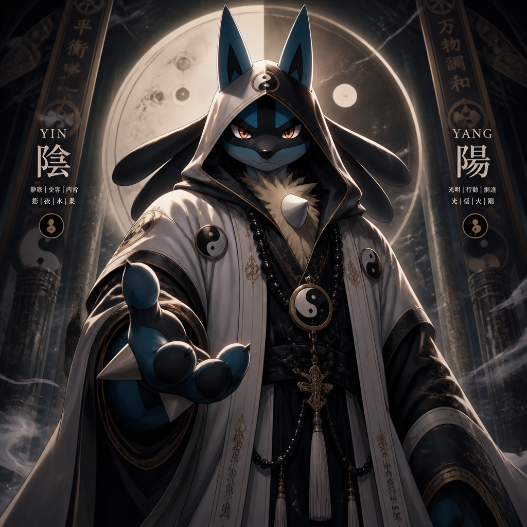 A well-made Pokemon male character, Lucario. A priest knows the balances both yin and yang not just religion. In anthro verse. Big and tall also very old but still tough. Wears a robe and a hoodie. So serious and mature. So brave and caring. In a name of aura. Looking at you.
