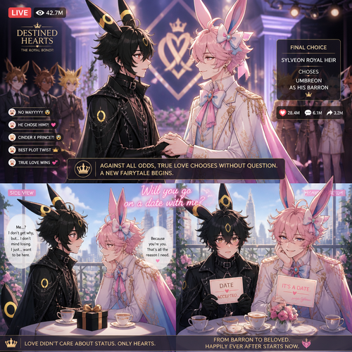 In a dating reality show on live (a well-made animated version) a non-rich half gothic grown Umbreon male is surprisingly unbelievably been accepted to become a boyfriend to this super rich grown Sylveon male as a Barron for not understanding why and doesn’t mind to lose. In an anthropomorphic universe. Never asks and want to be there but been gifted. A good ending. Side and front view. A modern present day. Been asked on a date.