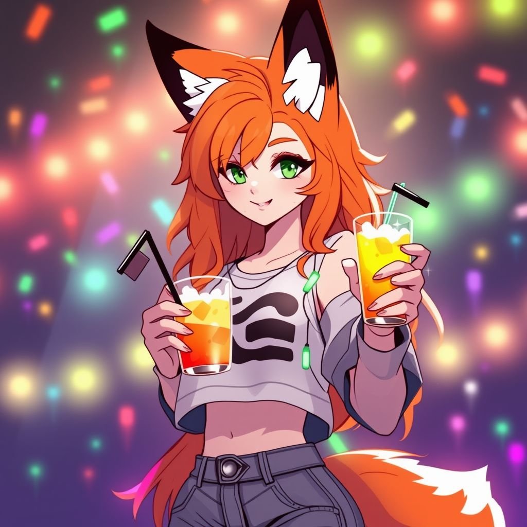 Female fox furry at a college party drinking in one paw