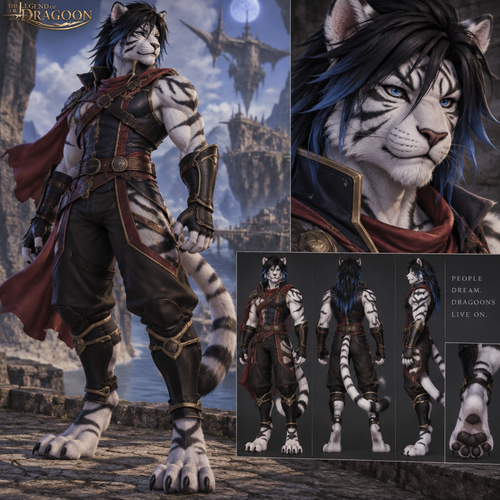 Male, anthro white tiger, digitigrade footpaws, thick black hair with blue tips, blue eyes, Legend of Dragoon
