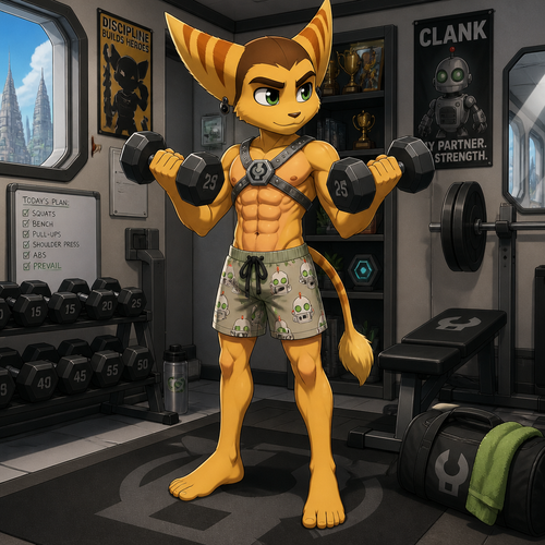 A middle school aged Ratchet from Ratchet and Clank wearing Clank themed shorts, a grey leather harness showing off a 16 pack of abs, and obsidian earrings. He is at home in his gym lifting weights. Anime art style, solo, full body.