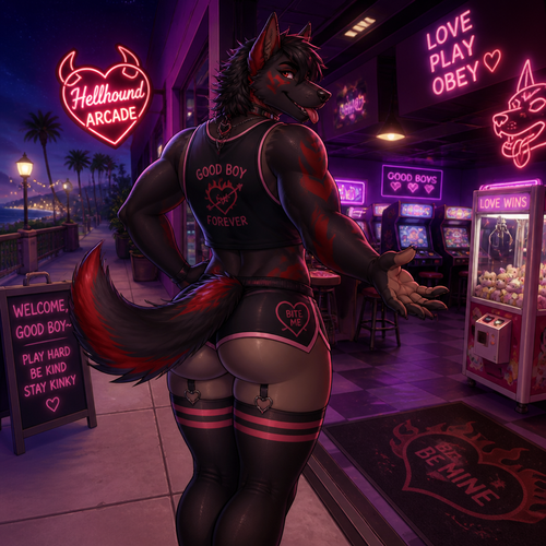 A well-made grownup anthropomorphic Hellhound of love male homosexual femboy character. An animated version view. Has thigh highs and buttocks. Bushy tail on a tailbone. At the arcade outside coast. Wears shorts and tank top also a necklace. Being friendly and welcoming. Being kinky/kind in a friendly way. Being a good Hellhound. Back view. 