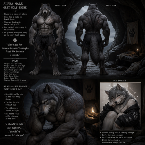 The well-made big and buff alpha male grey wolf tribe at front/rear view who lives in a cave all alone with no pack and misses his ex-mate (a grown fuzzy male femboy omega grey wolf tribe) sadly depressed and have regrets.