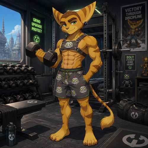 A high school aged Ratchet from Ratchet and Clank wearing Clank themed shorts, a grey leather harness showing off a 16 pack of abs, and obsidian earrings. He is at home in his gym lifting weights. Anime art style, solo, full body.