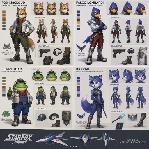 Fox McCloud, Falco Lombardi, Slippy Toad, and Krystal from Star Fox, refresh sheet