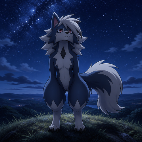 A well-made Pokemon character, a midnight Lycanroc. Has thick thighs and a bushy tail. Alone in a hill at night. Looking at the stars. Front view.