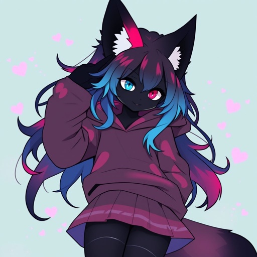 A femboy fox with black fire and pink markings with one eye that’s bright blue and the other bright pink and hair that’s mix of blue and pink and he’s wearing thigh highs and skirt with a baggy hoodie 